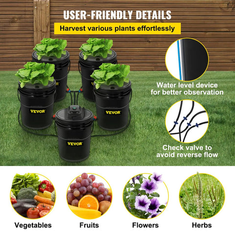 Five Bucket Deep Water Culture Hydroponic Grow System For Indoor And Outdoor Leafy Greens With 5 Gallon Buckets displayed outdoors