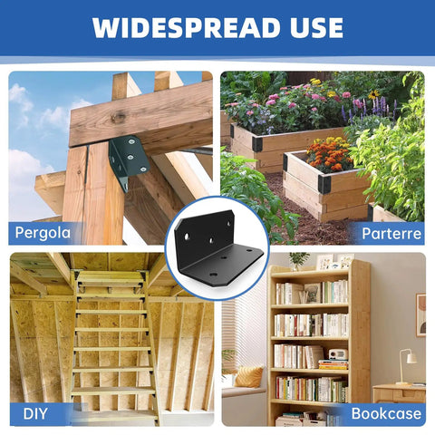 Heavy Duty 4X2 Steel L Brackets With 300 Pound Load Rating Thickened Steel Supports shown in pergola, garden, DIY stairs, and bookcase.