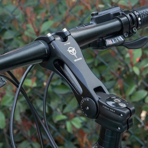 Adjustable Minus Sixty Five Degree To Plus Forty Five Degree Aluminum Bike Stem Riser, 140mm Length, installed on handlebars