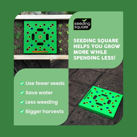 Color Coded Square Foot Garden Spacing Template With Dibber Seed Spoon Ruler And Planting Guide for no fuss seed planting