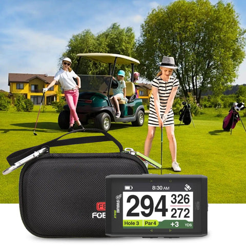 Rugged EVA Golf GPS case with Izzo Swami Max unit on golf course with players in background, highlighting case protection.