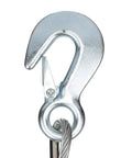 Galvanized safety hook of Heavy Duty 3/16 Inch X 25 Ft Steel Winch Cable For Boats And Trailers, showing smooth finish and clip design.