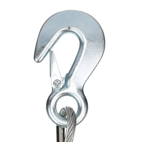 Galvanized safety hook of Heavy Duty 3/16 Inch X 25 Ft Steel Winch Cable For Boats And Trailers, showing smooth finish and clip design.