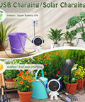 USB and solar powered drip irrigation system for indoor and outdoor gardens, watering 15 potted plants with dual power options.
