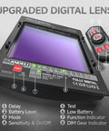 Digital lens display for welding helmet showcasing mode options and indicators. Features labeled for clear visibility and easy operation.
