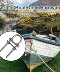 Close-up of two 100mm 316 stainless steel U-bolts with nuts and washers for boat stern/bow eye tie-downs.