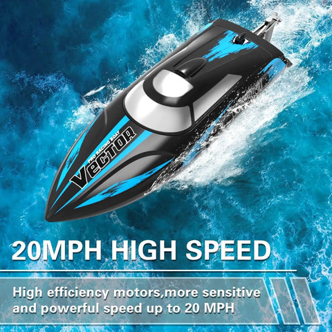 Go Fast RC Boat For Pool And Lake With 2.4GHz Remote Control Water Cooling System, black and blue, speeding in the water