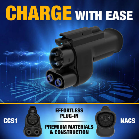 Nacs To Ccs1 Electric Vehicle Charging Adapter Drops Straight On Tesla Networks For Hella Fast Power Up To Five Hundred Amps showing black charging connector.