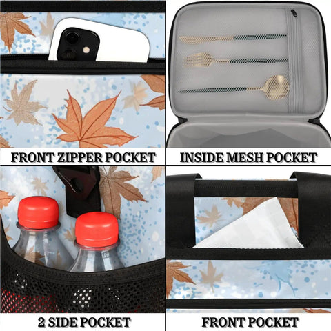 Front zipper, inside mesh pocket, side pocket, front pocket details of Insulated Picnic Backpack With Lunch Box For Women And Men Portable Tote Keeps Food Fresh For Beach Park Work Travel Office Camp Or Day Trips