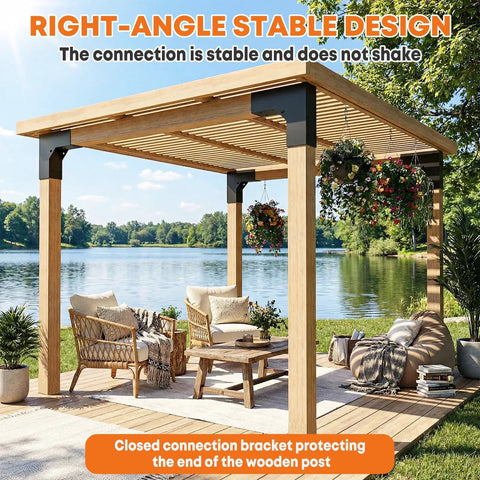Outdoor gazebo with wooden posts using 4 Pack Pergola Bracket Kit Sets, 2-Way L Shaped Corner Brackets For 3.5 By 3.5 Inch Wood Posts