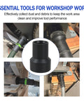 Collage showing 27mm Vacuum Hose Adapter Fits Two And A Quarter Inch Table Saw Dust Ports And Six Inch Orbital Sander A Handy Dust Collection Connector For Dewalt Milwaukee Ridgid Tools And CT26 Dust Extractor installed and standalone.