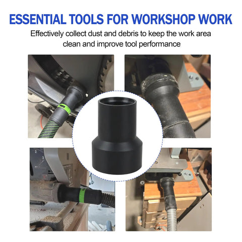 Collage showing 27mm Vacuum Hose Adapter Fits Two And A Quarter Inch Table Saw Dust Ports And Six Inch Orbital Sander A Handy Dust Collection Connector For Dewalt Milwaukee Ridgid Tools And CT26 Dust Extractor installed and standalone.