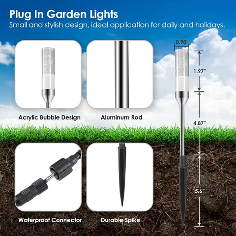 Outdoor 6 Pack LED Path Lights With No Fuss Plug And Play AC Plug In, 12V Low Voltage Landscape Lighting, waterproof spike detail