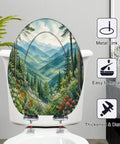 Elongated Mountain Valley Landscape Pine Forest Wildflowers Toilet Seat on a white toilet, featuring vibrant mountain scenery.