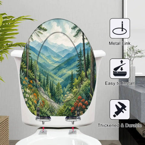 Elongated Mountain Valley Landscape Pine Forest Wildflowers Toilet Seat on a white toilet, featuring vibrant mountain scenery.