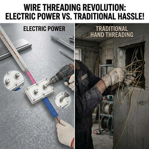 Ultimate Drill Powered Wire Puller For Electricians: Compact Cable Tugger Tool shown side by side with traditional hand threading method.