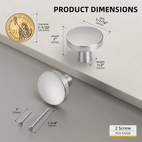 Heavy Duty Zinc Alloy Cabinet Knobs 5 Pack Brushed Nickel Drawer Handles For Kitchen Cabinets And Bathroom Vanity With All Mounting Screws Included Built Tough No Fuss Design For Modern Homes dimensions showing size and included screws