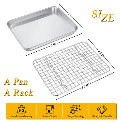 Stainless Steel Toaster Oven Pan With Rack Set Durable 9 Inch Baking Tray And Grid Cooling Rack For Cooking And Roasting Dishwasher Safe