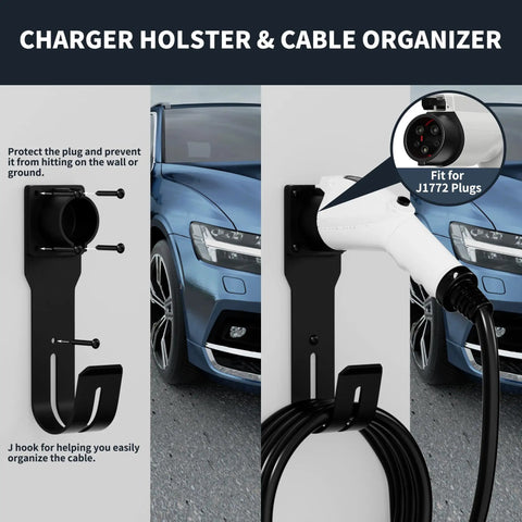 Built Tough EV Charger Holder Wall Mount Kit With J1772 Cable Dock for neat cable organization and plug protection on wall.