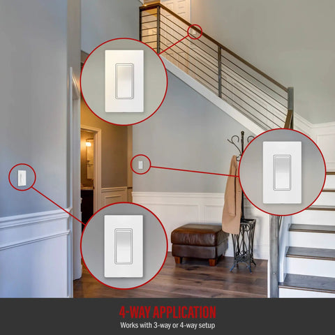 4 Way Decorator Rocker Light Switch 15A 120V 277V Gloss Finish With Ground Wire Lead Attached UL Listed 5 Pack in hallway