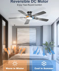 Sleek 52 Inch Black Flush Mount Ceiling Fan With Low Profile Frame And Soft Ambient Lighting Delivers Solid Airflow, showcasing reversible DC motor.