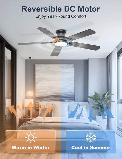 Sleek 52 Inch Black Flush Mount Ceiling Fan With Low Profile Frame And Soft Ambient Lighting Delivers Solid Airflow, showcasing reversible DC motor.