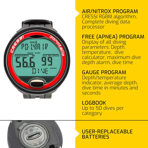 Donatello Wrist Dive Computer With Air And Nitrox Modes, HD Backlit Display, large screen showing dive data and settings