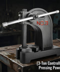 3 Ton Manual Arbor Press Built Like A Tank Heavy Duty Desktop Hand Press With Robust Cast Iron Construction And 12 Inch Work Height For No Sweat Stamping Bending And Precision Forming Operations on a workbench.