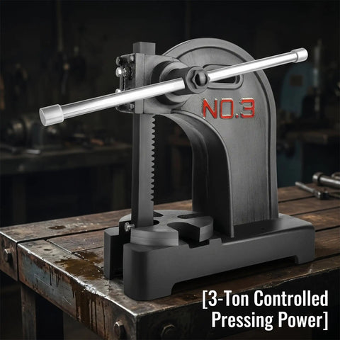 3 Ton Manual Arbor Press Built Like A Tank Heavy Duty Desktop Hand Press With Robust Cast Iron Construction And 12 Inch Work Height For No Sweat Stamping Bending And Precision Forming Operations on a workbench.