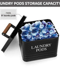 Modern Farmhouse Metal Laundry Pods Holder With Lid showing capacity with 81 pods inside, black finish