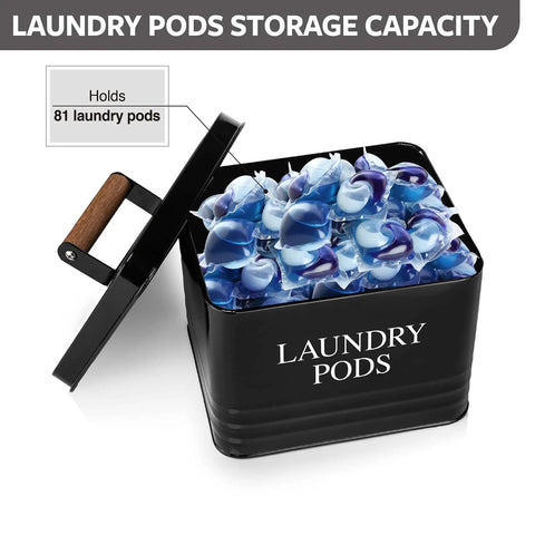 Modern Farmhouse Metal Laundry Pods Holder With Lid showing capacity with 81 pods inside, black finish