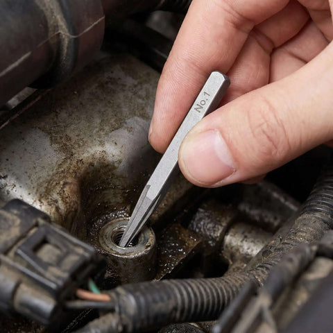 Premium Five Piece Straight Flute Screw Extractor Kit Crafted From Tough Carbon Steel For Stripped Damaged Fasteners Automotive Repair And DIY Jobs That Need Precision Without Ruining Threads. No. 1 extractor in a stripped engine bolt hole