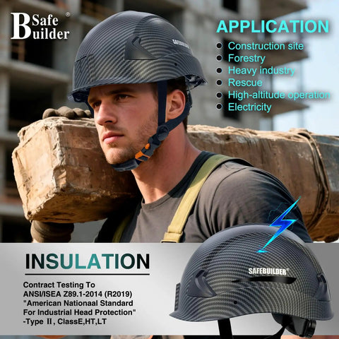 Man wearing Lightweight Type 2 Class E Safety Helmet With EPS Foam Liner Adjustable Size For Electrical Work Construction And Rescue At Height OSHA Compliant Matte Black G2E.