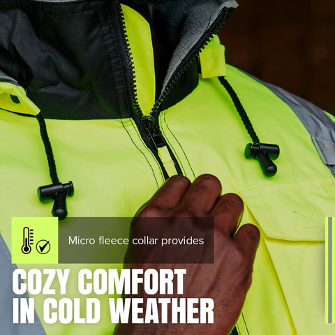 Close up of micro fleece collar and drawstrings on Hi Vis ANSI Class 3 Winter Bomber Jacket For Men Waterproof and Windproof