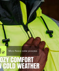 Close-up of Hi Vis Safety Bomber For Men Waterproof Winter Rain Jacket With Reflective Strips Detachable Hood and fleece collar