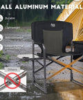 Ultra Lite Aluminum Oversized Camping Chair With Side Table And Detachable Pocket Portable Directors Chair For Outdoor Camping Lawn And Picnic Supports 400 Lbs Black in rainy outdoor setting