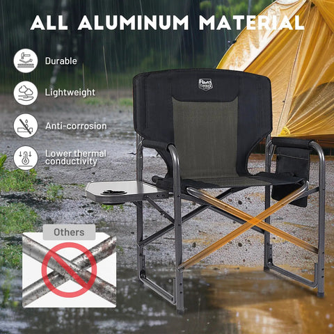 Ultra Lite Aluminum Oversized Camping Chair With Side Table And Detachable Pocket Portable Directors Chair For Outdoor Camping Lawn And Picnic Supports 400 Lbs Black in rainy outdoor setting