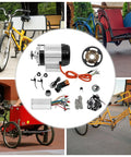 48V 750W Brushless DC Motor Kit For DIY Tricycle Conversion With LED Display, components and assembled trikes shown