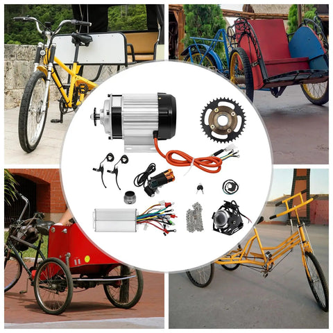 48V 750W Brushless DC Motor Kit For DIY Tricycle Conversion With LED Display, components and assembled trikes shown