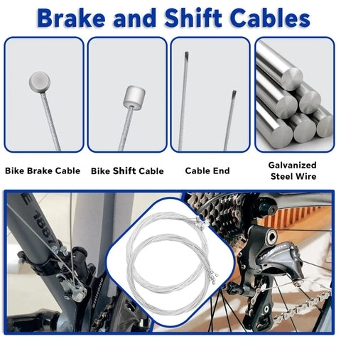 103 Piece Universal Bike Brake And Shift Cable Kit with stainless line cutter, cables, end caps, and galvanized steel wire.