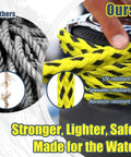 60 Ft Three Rider Tow Rope for Water Sports shown with UV, seawater, and abrasion resistance features highlighted