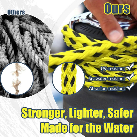 60 Ft Three Rider Tow Rope for Water Sports shown with UV, seawater, and abrasion resistance features highlighted