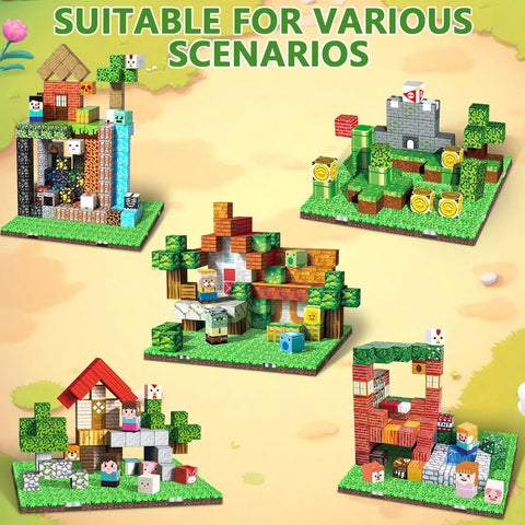 Four 4x4 magnetic baseplates with Minecraft-style grassland theme blocks, part of Magnetic Baseplate Set For Kids 4x4 Magnetic Building Blocks Grassland Theme STEM Toys For Boys And Girls Age 3 Plus Easy Grip Base Plate For Minecraft Style Dope Creations.