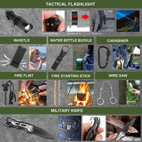 Ultimate 150 Piece First Aid And Survival Gear Kit tools including flashlight, whistle, carabiner, knife, fire starters, and saw.