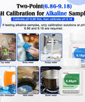 PH Buffer Calibration Kit With Cleaning Solution 4.00 6.86 9.18 For PH Meters Pre Mixed Liquid Portable Pack Pro Grade Calibration Set For Hydroponics And Laboratory Testing, showing solutions with ratings 6.86pH and 9.18pH next to household water samples like tap and soda water.