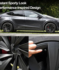 Premium Matte Black 19 Inch Spiral Aero Wheel Covers Sweet Fit For Tesla Model Y Juniper, showing wheel design and fitment details.
