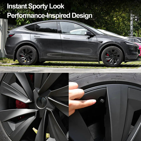 Premium Matte Black 19 Inch Spiral Aero Wheel Covers Sweet Fit For Tesla Model Y Juniper, showing wheel design and fitment details.