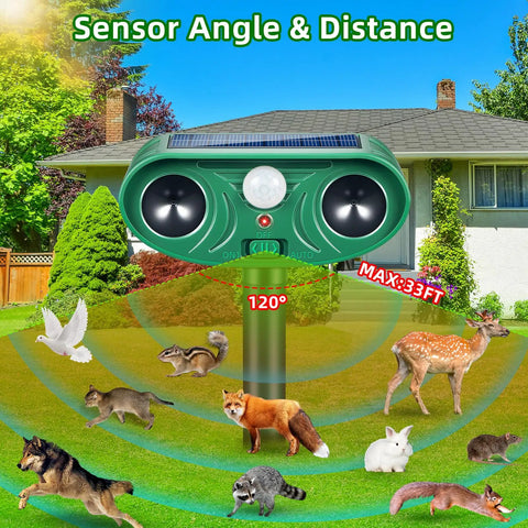 Solar Powered Ultrasonic Deer And Animal Repellent For Yard And Garden Motion Activated Deterrent With 120 Degree PIR Sensor display.