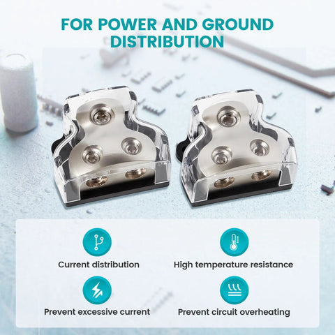 2 Way Car Audio Power And Ground Distribution Block With 0 2 4 Gauge Input And 4 8 Gauge Output For Amplifier Wiring Heavy Duty Ground Splitter For Auto Stereo System Easy Install And Reliable Protection. 2-pack zinc alloy blocks with clear covers