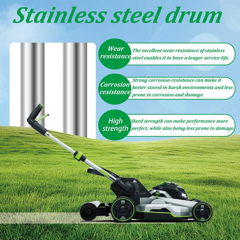 Stainless Steel Lawn Striping Kit For 21-Inch EGO Walk-Behind Mowers AR2100 showing mower with stainless steel drum on grass